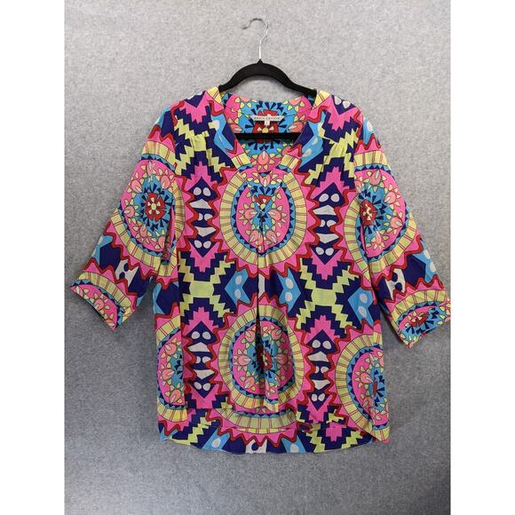Annie Griffin Silk Blouse Tunic Womens Sz Large Kaleidoscope Bright Colorful Fun - Picture 1 of 11